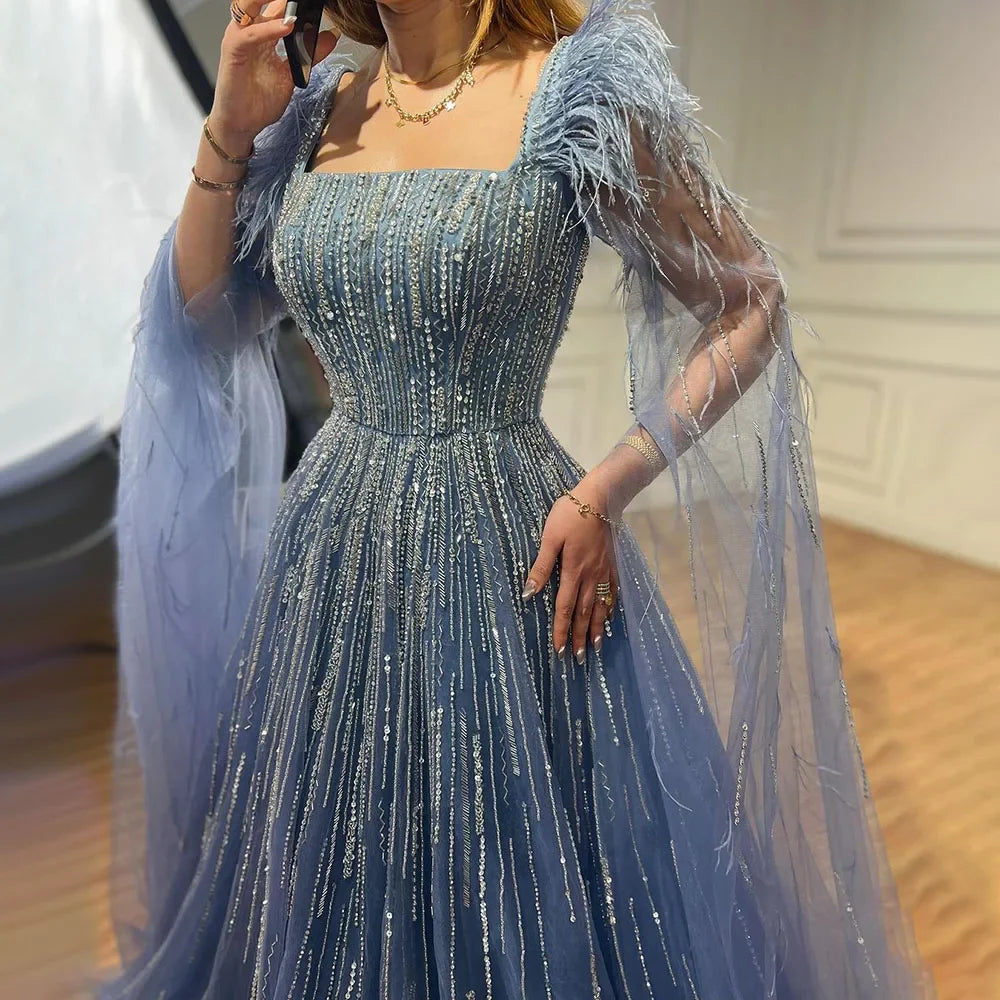 Blue Luxury Feathers Arabic Evening Dresses with Cape LA72236 - SERENE HILL