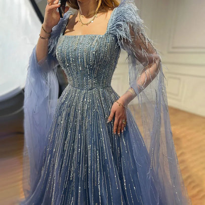 Blue Luxury Feathers Arabic Evening Dresses with Cape LA72236 - SERENE HILL