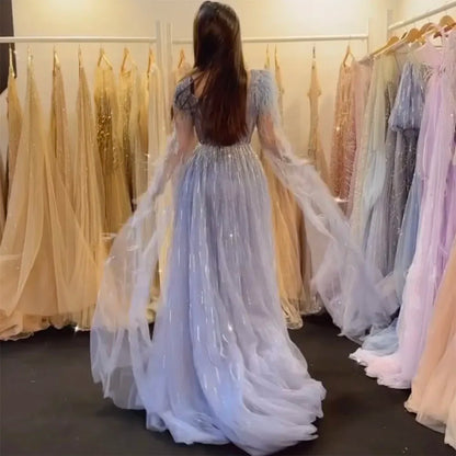 Blue Luxury Feathers Arabic Evening Dresses with Cape LA72236 - SERENE HILL
