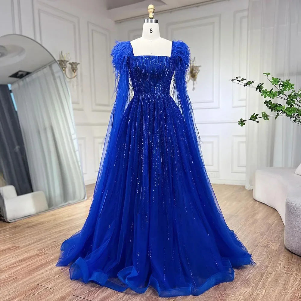 Blue Luxury Feathers Arabic Evening Dresses with Cape LA72236 - SERENE HILL