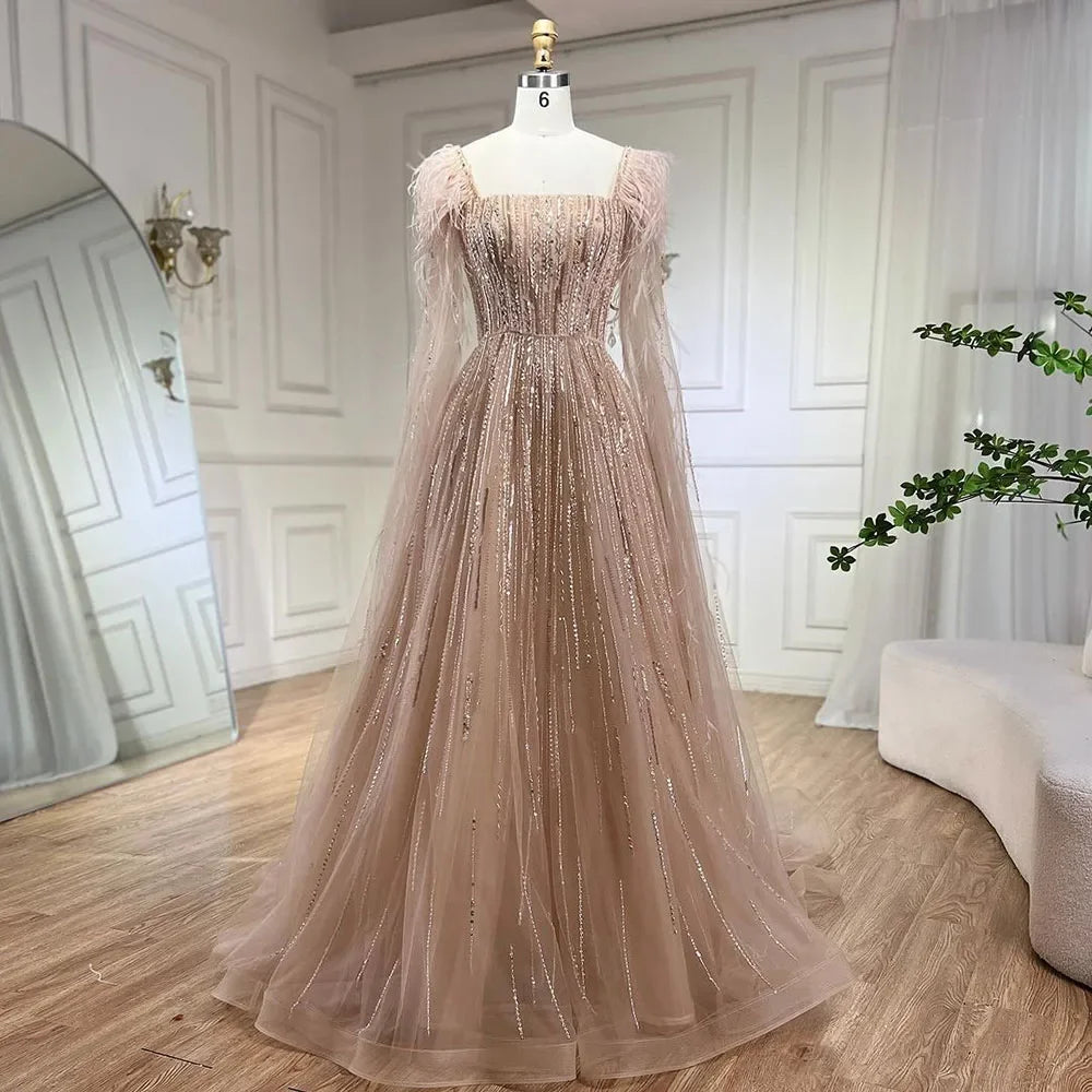 Blue Luxury Feathers Arabic Evening Dresses with Cape LA72236 - SERENE HILL