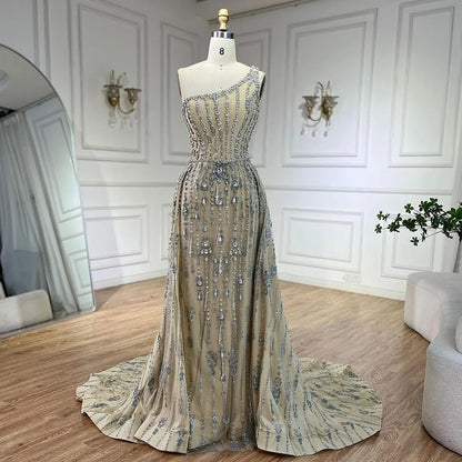 Serene Hill Luxury Dubai Arabia Nude Beaded One Shoulder Mermaid Elegant Evening Dresses Gowns For Woman Wedding Party LA71538 - SERENE HILL