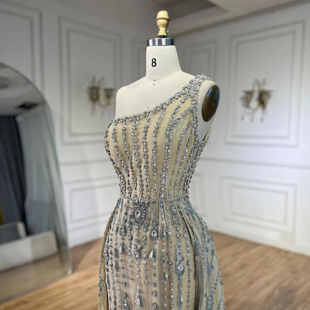 Serene Hill Luxury Dubai Arabia Nude Beaded One Shoulder Mermaid Elegant Evening Dresses Gowns For Woman Wedding Party LA71538 - SERENE HILL
