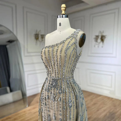 Serene Hill Luxury Dubai Arabia Nude Beaded One Shoulder Mermaid Elegant Evening Dresses Gowns For Woman Wedding Party LA71538 - SERENE HILL