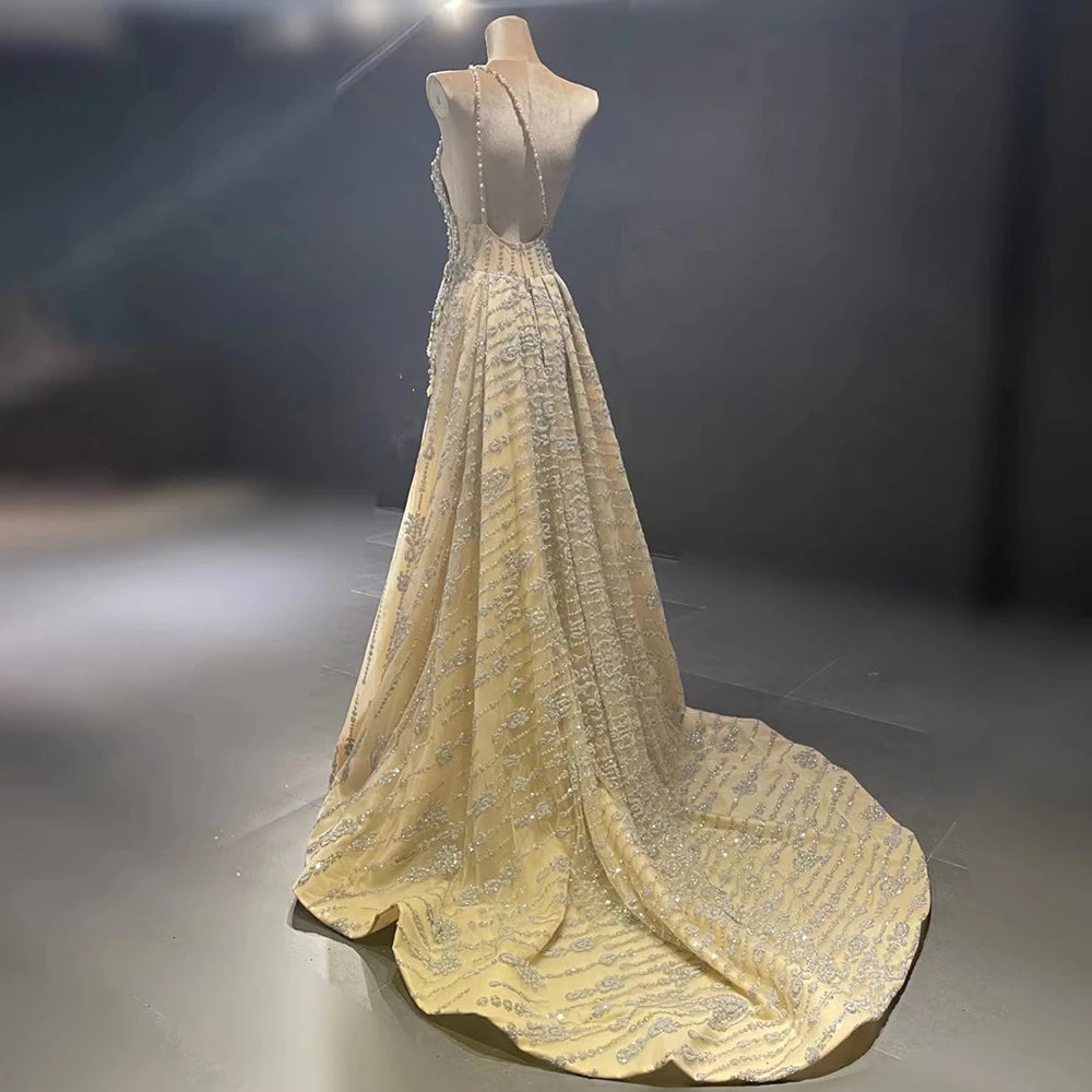 Serene Hill Luxury Dubai Arabia Nude Beaded One Shoulder Mermaid Elegant Evening Dresses Gowns For Woman Wedding Party LA71538 - SERENE HILL
