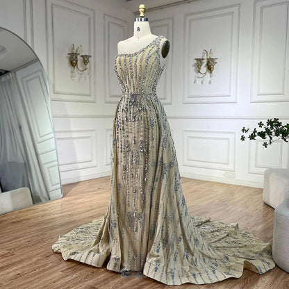 Serene Hill Luxury Dubai Arabia Nude Beaded One Shoulder Mermaid Elegant Evening Dresses Gowns For Woman Wedding Party LA71538 - SERENE HILL