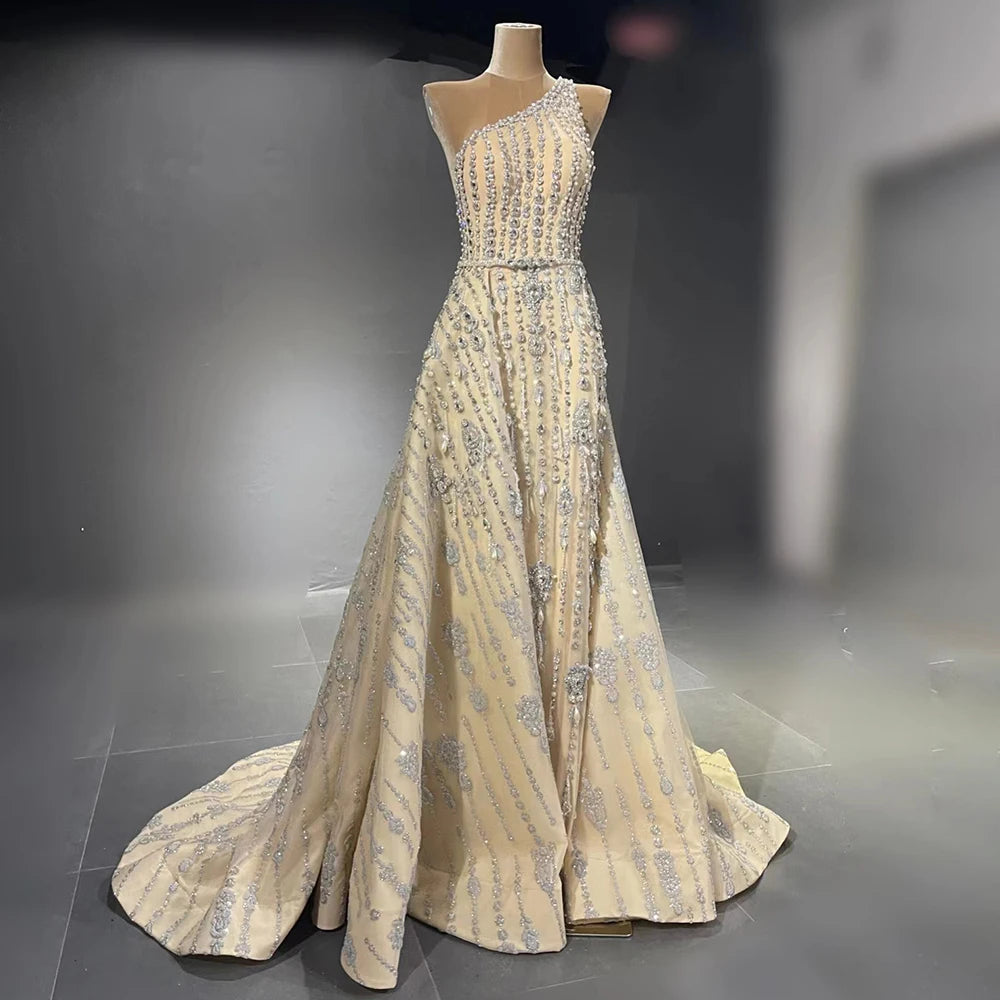 Serene Hill Luxury Dubai Arabia Nude Beaded One Shoulder Mermaid Elegant Evening Dresses Gowns For Woman Wedding Party LA71538 - SERENE HILL