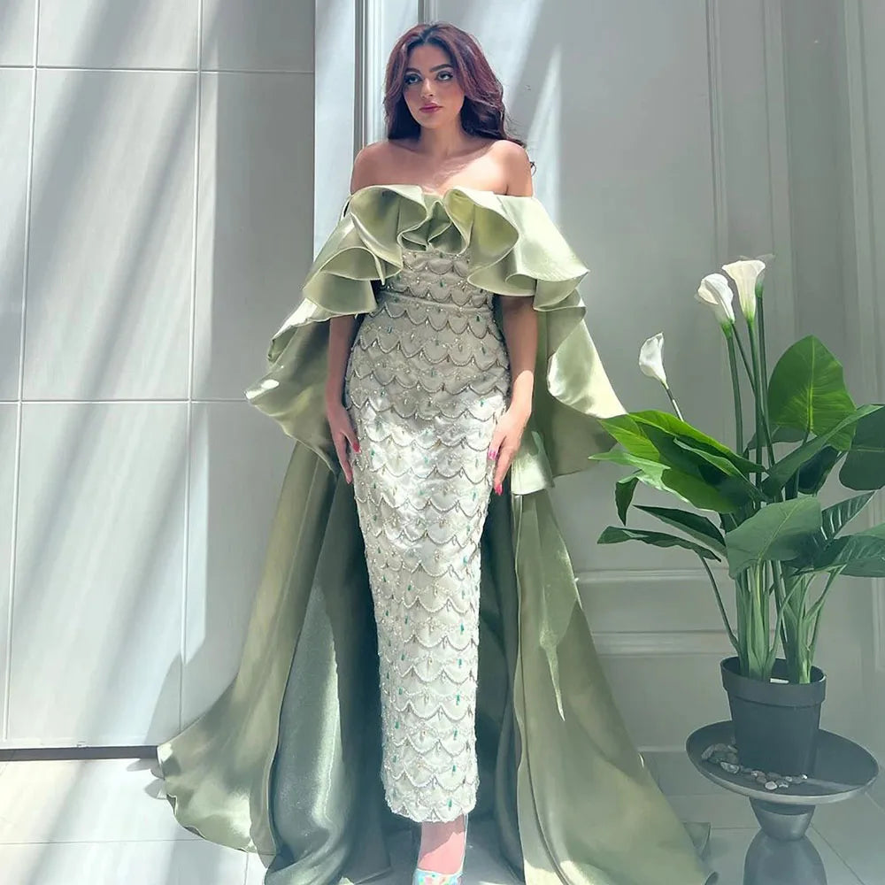 Saudi Arabia Sage Green Luxury Dubai Evening Dresses with Cape LA72567 - SERENE HILL
