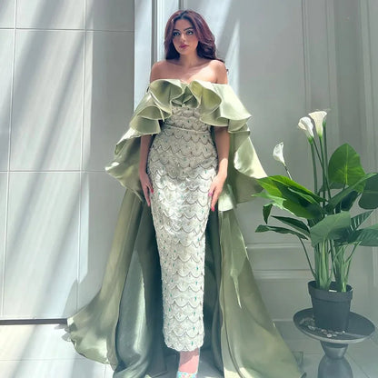 Saudi Arabia Sage Green Luxury Dubai Evening Dresses with Cape LA72567 - SERENE HILL