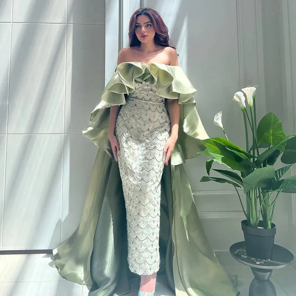 Saudi Arabia Sage Green Luxury Dubai Evening Dresses with Cape LA72567
