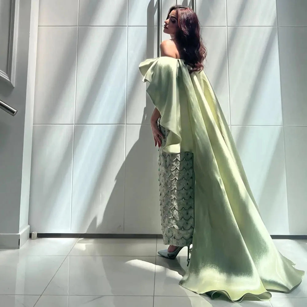 Saudi Arabia Sage Green Luxury Dubai Evening Dresses with Cape LA72567 - SERENE HILL