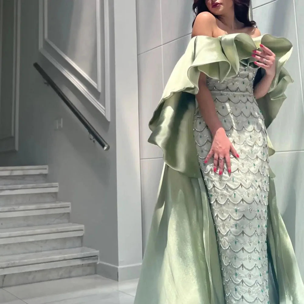 Saudi Arabia Sage Green Luxury Dubai Evening Dresses with Cape LA72567 Sage Green / 6