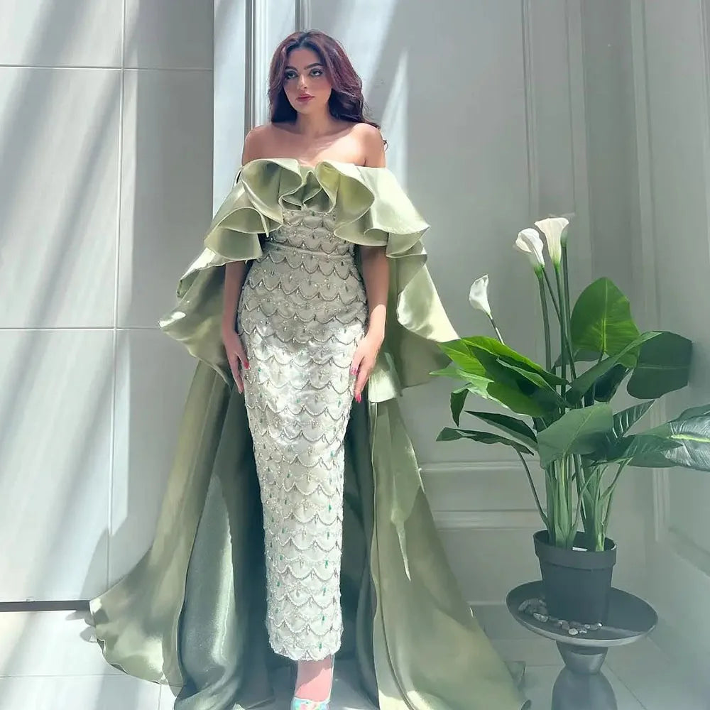 Saudi Arabia Sage Green Luxury Dubai Evening Dresses with Cape LA72567 - SERENE HILL