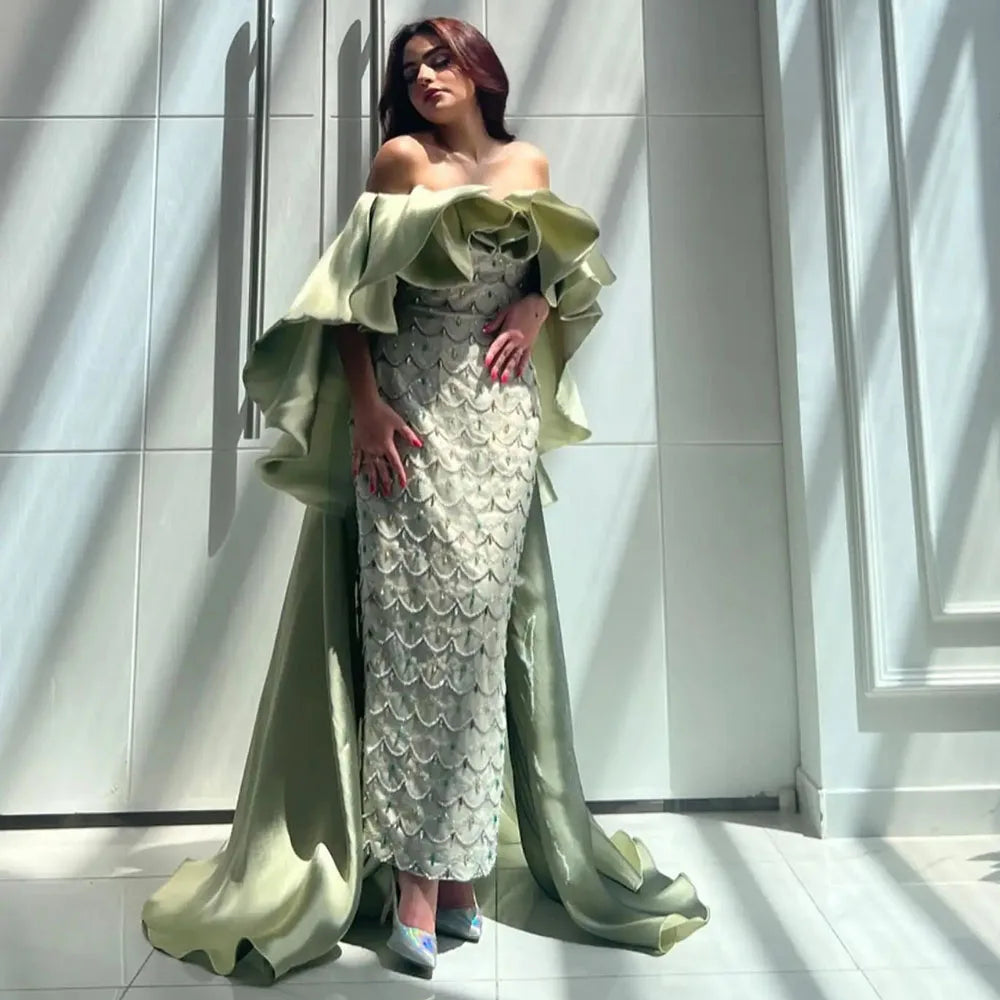 Saudi Arabia Sage Green Luxury Dubai Evening Dresses with Cape LA72567 - SERENE HILL
