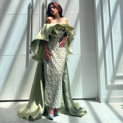 Saudi Arabia Sage Green Luxury Dubai Evening Dresses with Cape LA72567 - SERENE HILL