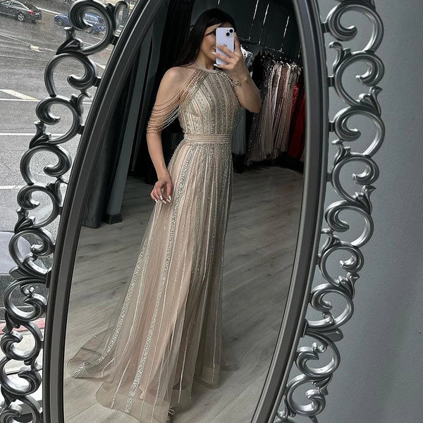 Serene Hill Luxury Dubai Arabic A-Line Gold Beaded Tassel Formal Evening Dresses for Women's Wedding Party Gowns 2025 LA70357
