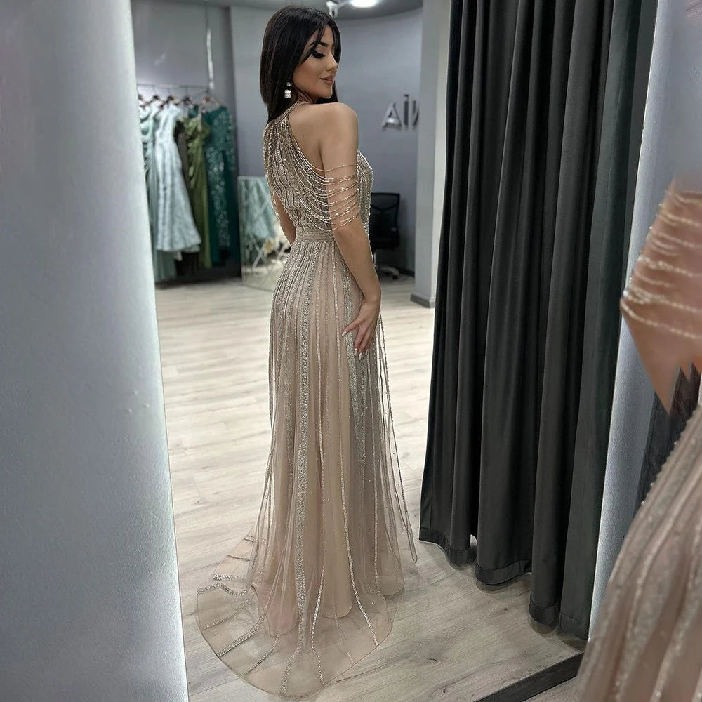 Serene Hill Luxury Dubai Arabic A-Line Gold Beaded Tassel Formal Evening Dresses for Women&