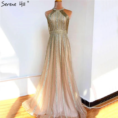 Serene Hill Luxury Dubai Arabic A-Line Gold Beaded Tassel Formal Evening Dresses for Women&