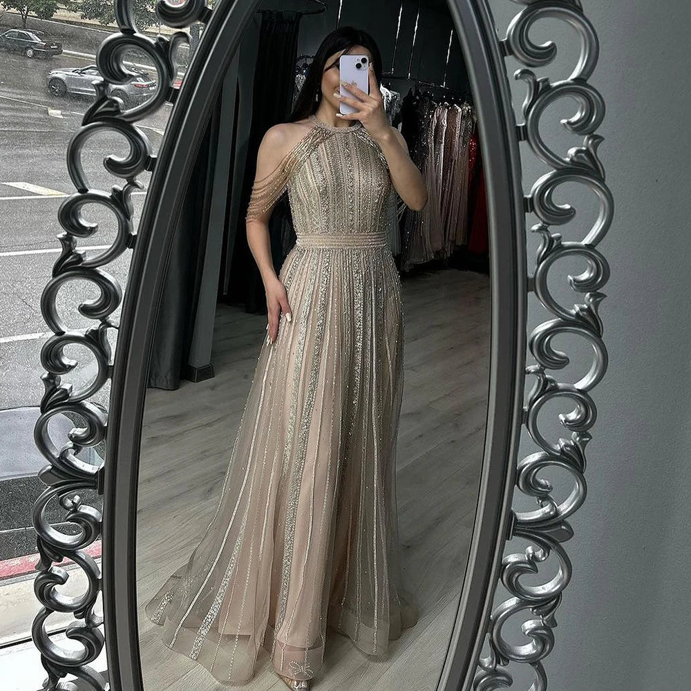 Serene Hill Luxury Dubai Arabic A-Line Gold Beaded Tassel Formal Evening Dresses for Women&