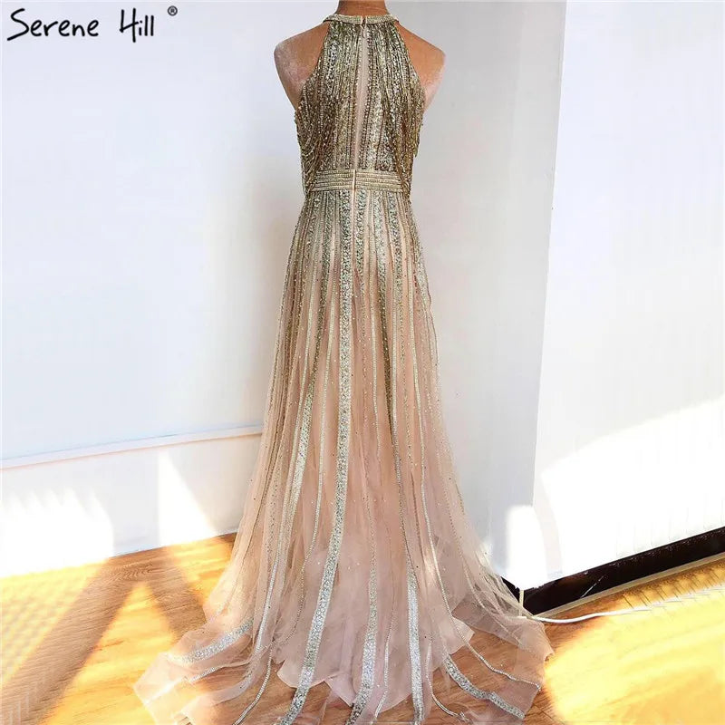 Serene Hill Luxury Dubai Arabic A-Line Gold Beaded Tassel Formal Evening Dresses for Women&