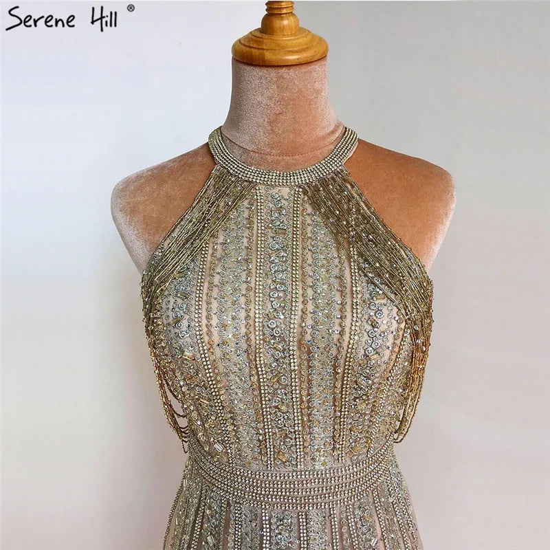Serene Hill Luxury Dubai Arabic A-Line Gold Beaded Tassel Formal Evening Dresses for Women&