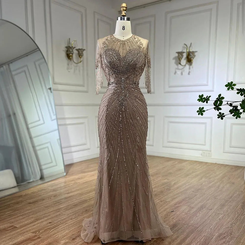Serene Hill Luxury Dubai Arabic Caramel Tassel Mermaid Beaded Evening Dresses Gowns for Women&