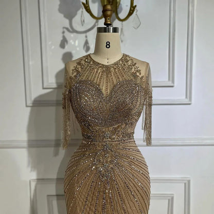 Serene Hill Luxury Dubai Arabic Caramel Tassel Mermaid Beaded Evening Dresses Gowns for Women&