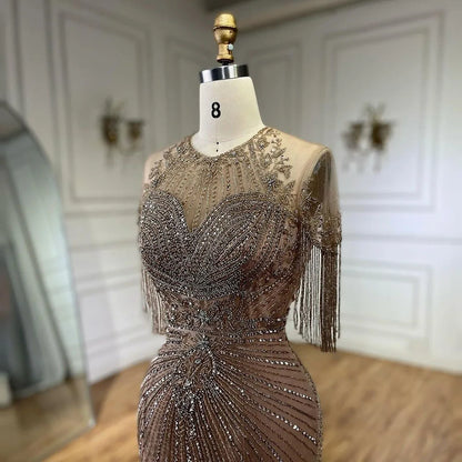 Serene Hill Luxury Dubai Arabic Caramel Tassel Mermaid Beaded Evening Dresses Gowns for Women&