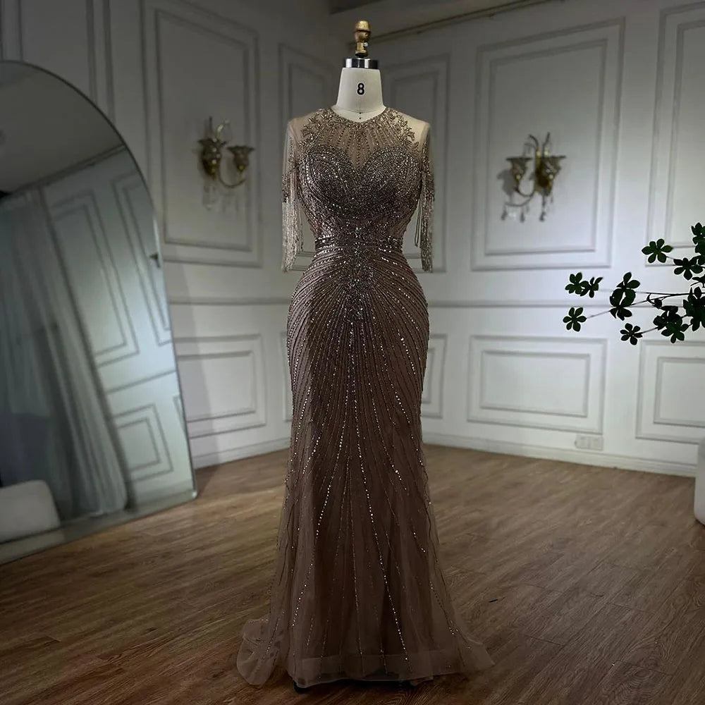 Serene Hill Luxury Dubai Arabic Caramel Tassel Mermaid Beaded Evening Dresses Gowns for Women&
