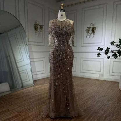 Serene Hill Luxury Dubai Arabic Caramel Tassel Mermaid Beaded Evening Dresses Gowns for Women&