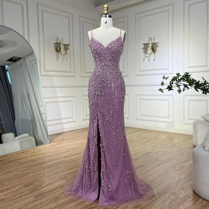 Serene Hill Arabic Pink High Split Spaghetti Strap Mermaid Evening Dresses Gowns Pearls Beaded for Women Wedding Party LA72464 - SERENE HILL