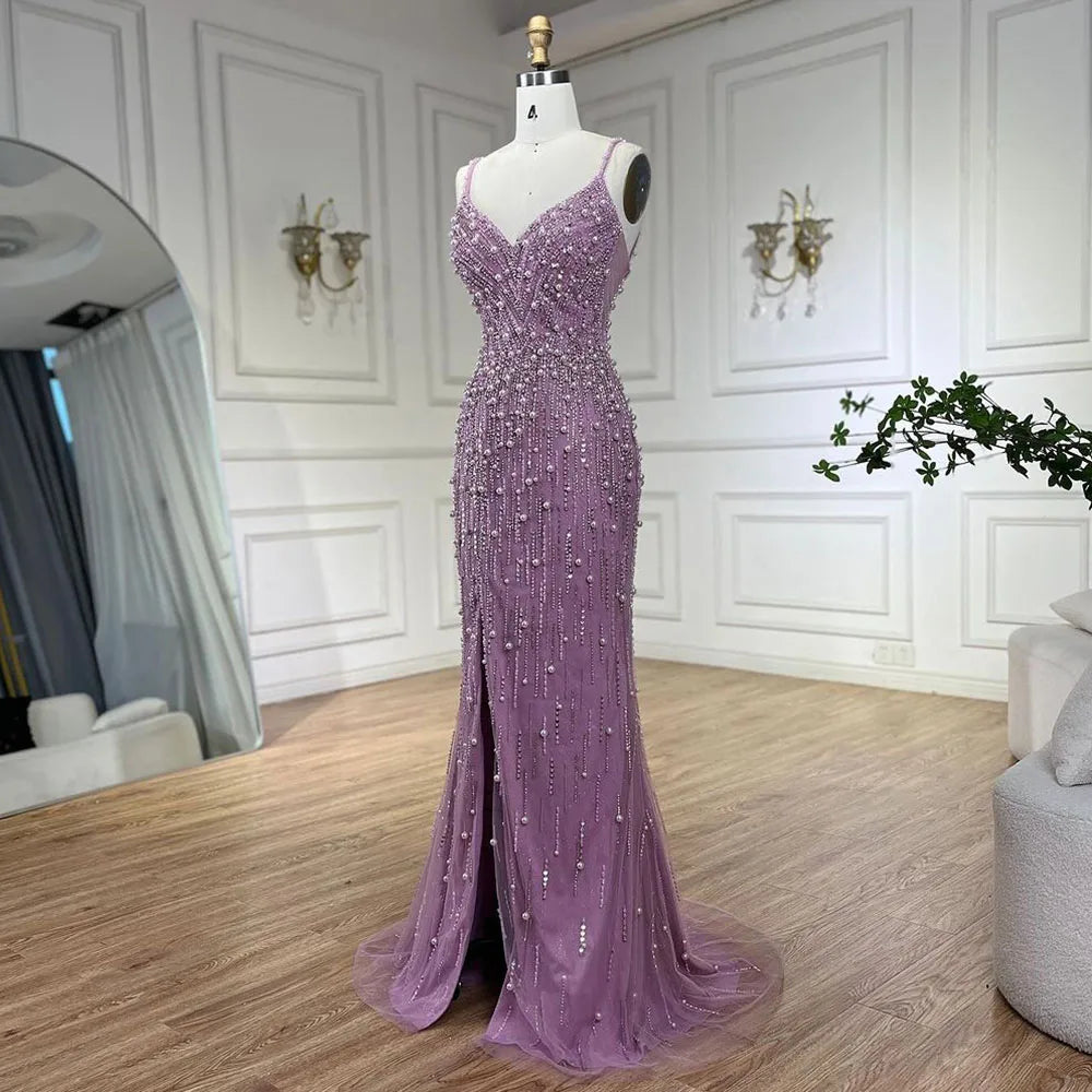 Serene Hill Arabic Pink High Split Spaghetti Strap Mermaid Evening Dresses Gowns Pearls Beaded for Women Wedding Party LA72464 - SERENE HILL