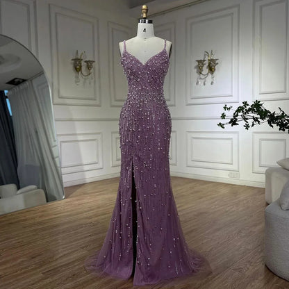Serene Hill Arabic Pink High Split Spaghetti Strap Mermaid Evening Dresses Gowns Pearls Beaded for Women Wedding Party LA72464 - SERENE HILL