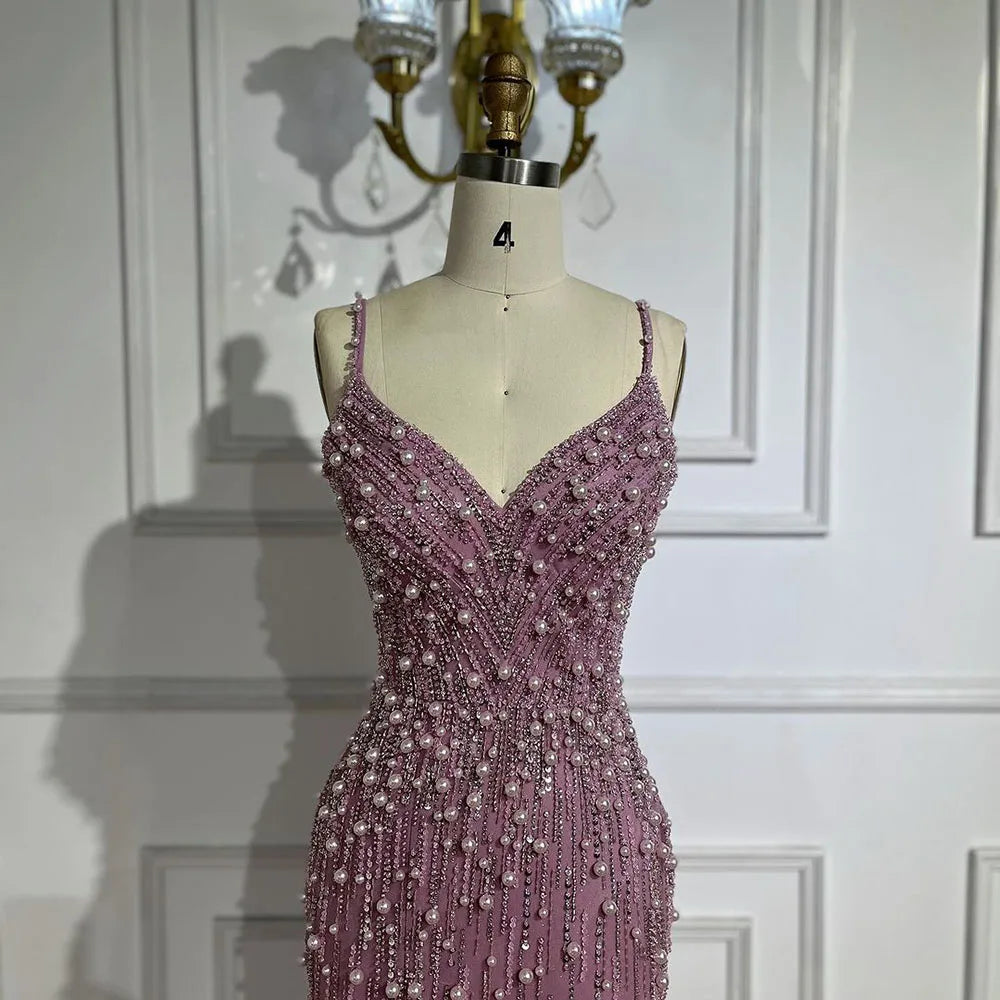 Serene Hill Arabic Pink High Split Spaghetti Strap Mermaid Evening Dresses Gowns Pearls Beaded for Women Wedding Party LA72464 - SERENE HILL