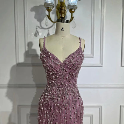 Serene Hill Arabic Pink High Split Spaghetti Strap Mermaid Evening Dresses Gowns Pearls Beaded for Women Wedding Party LA72464 - SERENE HILL