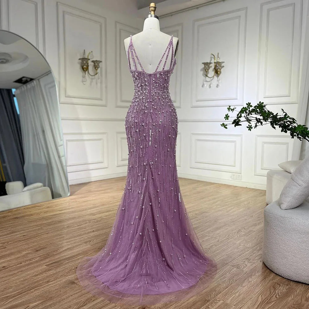 Serene Hill Arabic Pink High Split Spaghetti Strap Mermaid Evening Dresses Gowns Pearls Beaded for Women Wedding Party LA72464 - SERENE HILL