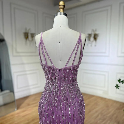 Serene Hill Arabic Pink High Split Spaghetti Strap Mermaid Evening Dresses Gowns Pearls Beaded for Women Wedding Party LA72464 - SERENE HILL