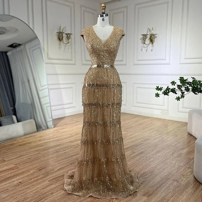 Serene Hill Luxury Dubai Arabic Mermaid Gold Elegant Tassel Beaded Evening Dresses Gowns for Women&