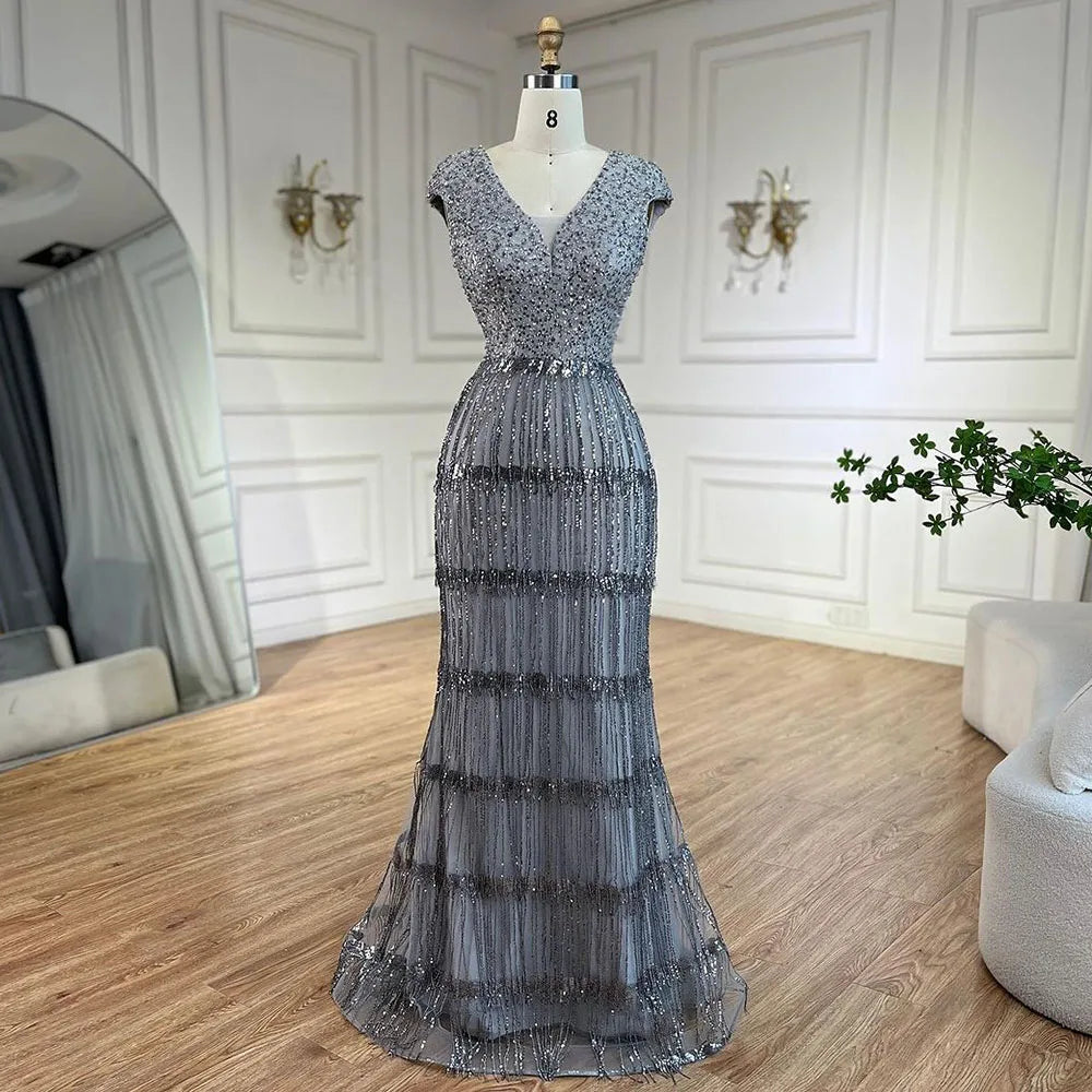 Serene Hill Luxury Dubai Arabic Mermaid Gold Elegant Tassel Beaded Evening Dresses Gowns for Women&