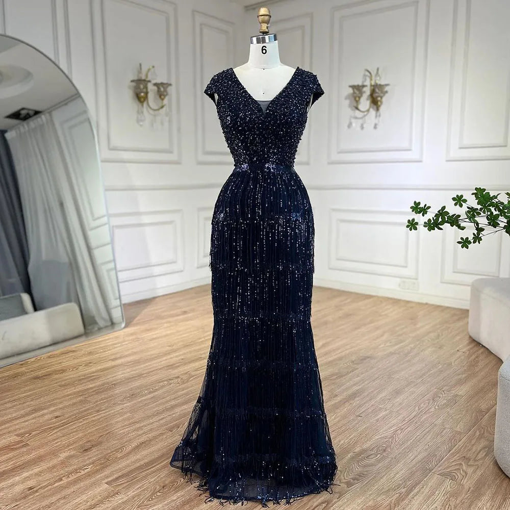 Serene Hill Luxury Dubai Arabic Mermaid Gold Elegant Tassel Beaded Evening Dresses Gowns for Women&