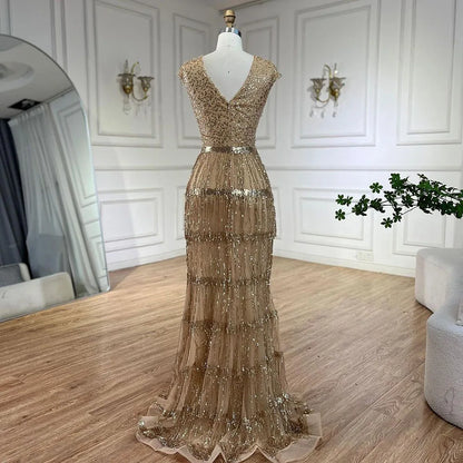 Serene Hill Luxury Dubai Arabic Mermaid Gold Elegant Tassel Beaded Evening Dresses Gowns for Women&
