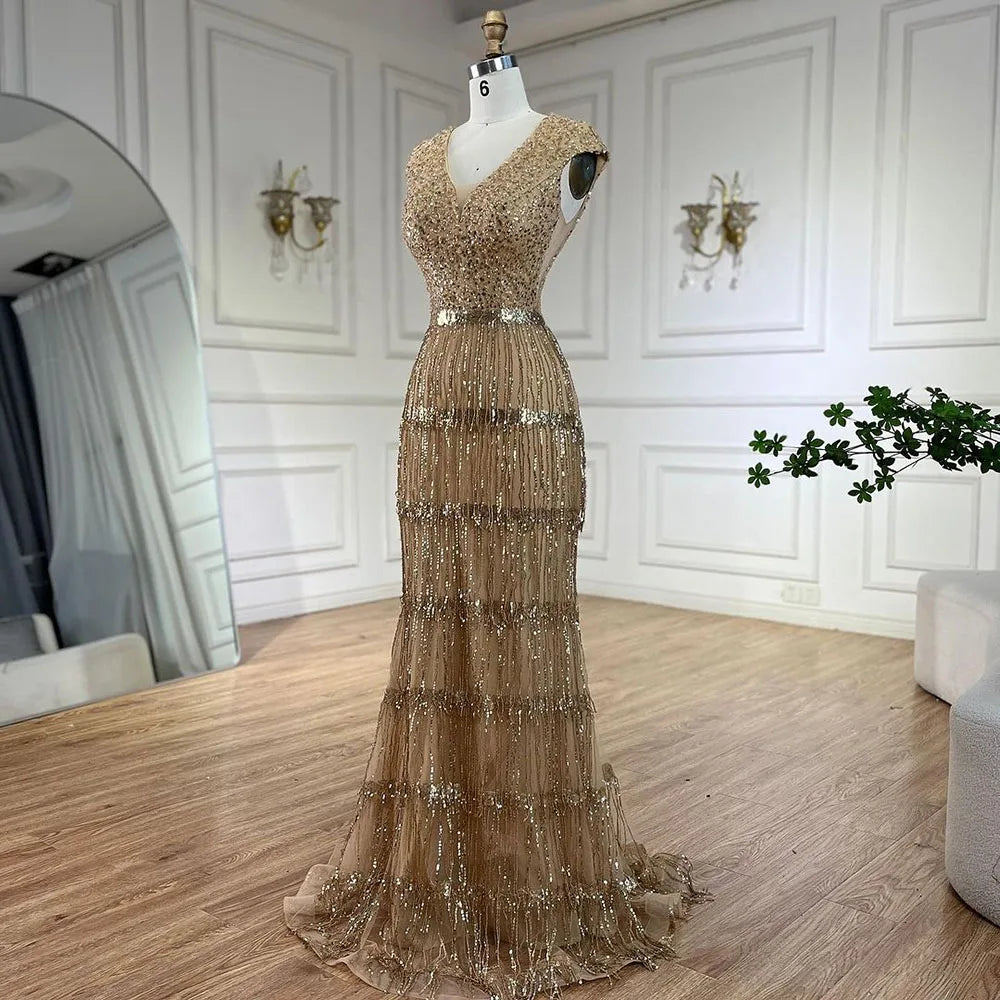 Serene Hill Luxury Dubai Arabic Mermaid Gold Elegant Tassel Beaded Evening Dresses Gowns for Women&