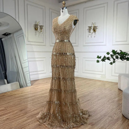 Serene Hill Luxury Dubai Arabic Mermaid Gold Elegant Tassel Beaded Evening Dresses Gowns for Women&