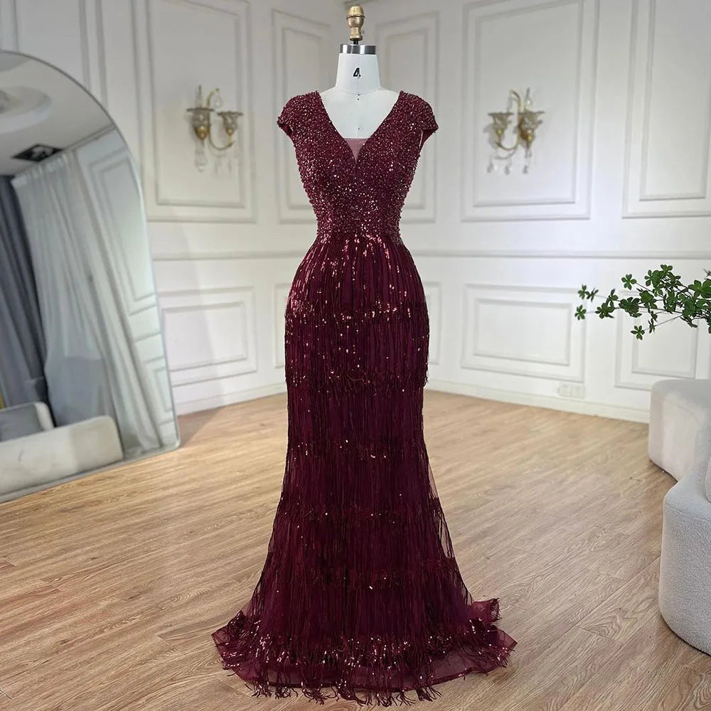 Serene Hill Luxury Dubai Arabic Mermaid Gold Elegant Tassel Beaded Evening Dresses Gowns for Women&