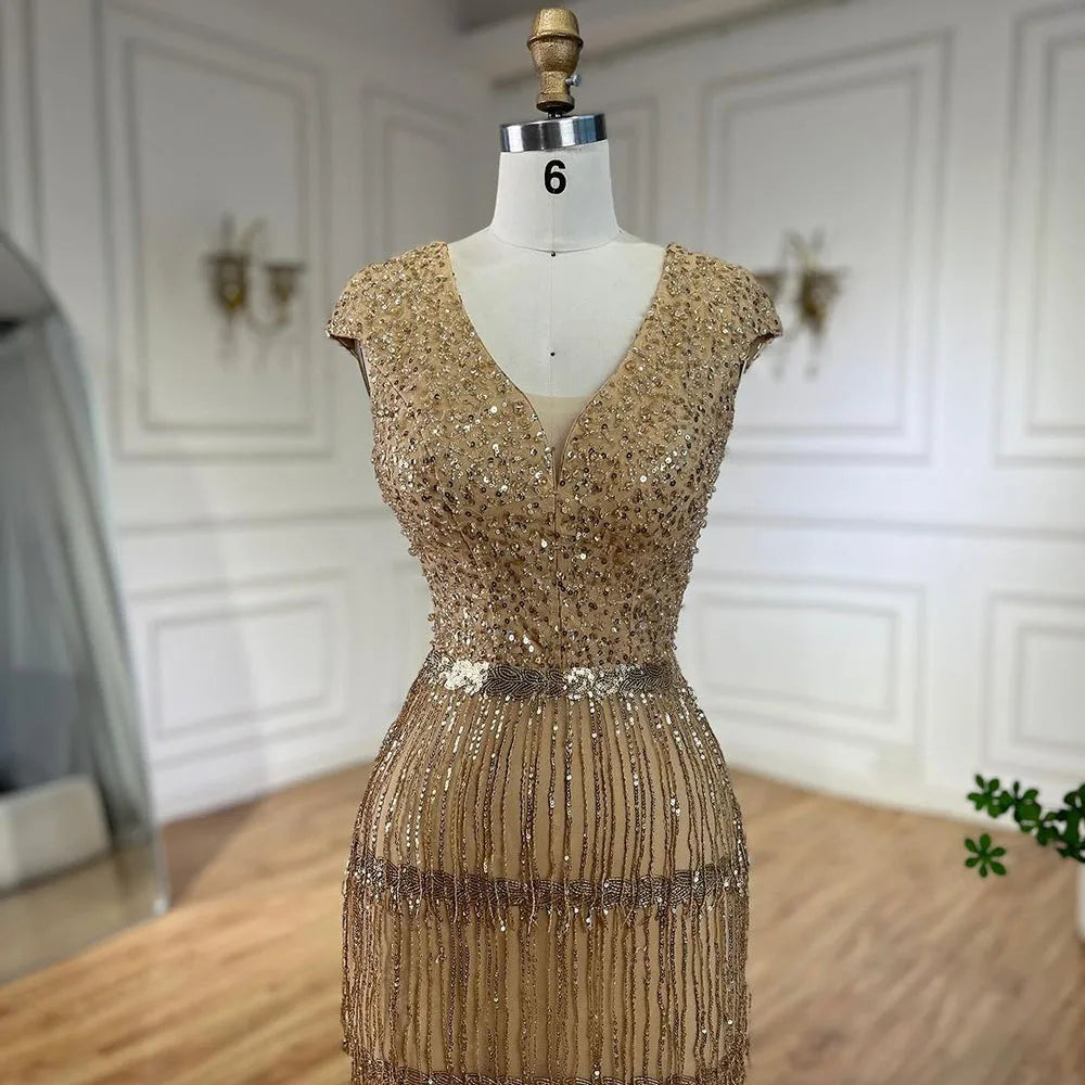 Serene Hill Luxury Dubai Arabic Mermaid Gold Elegant Tassel Beaded Evening Dresses Gowns for Women&