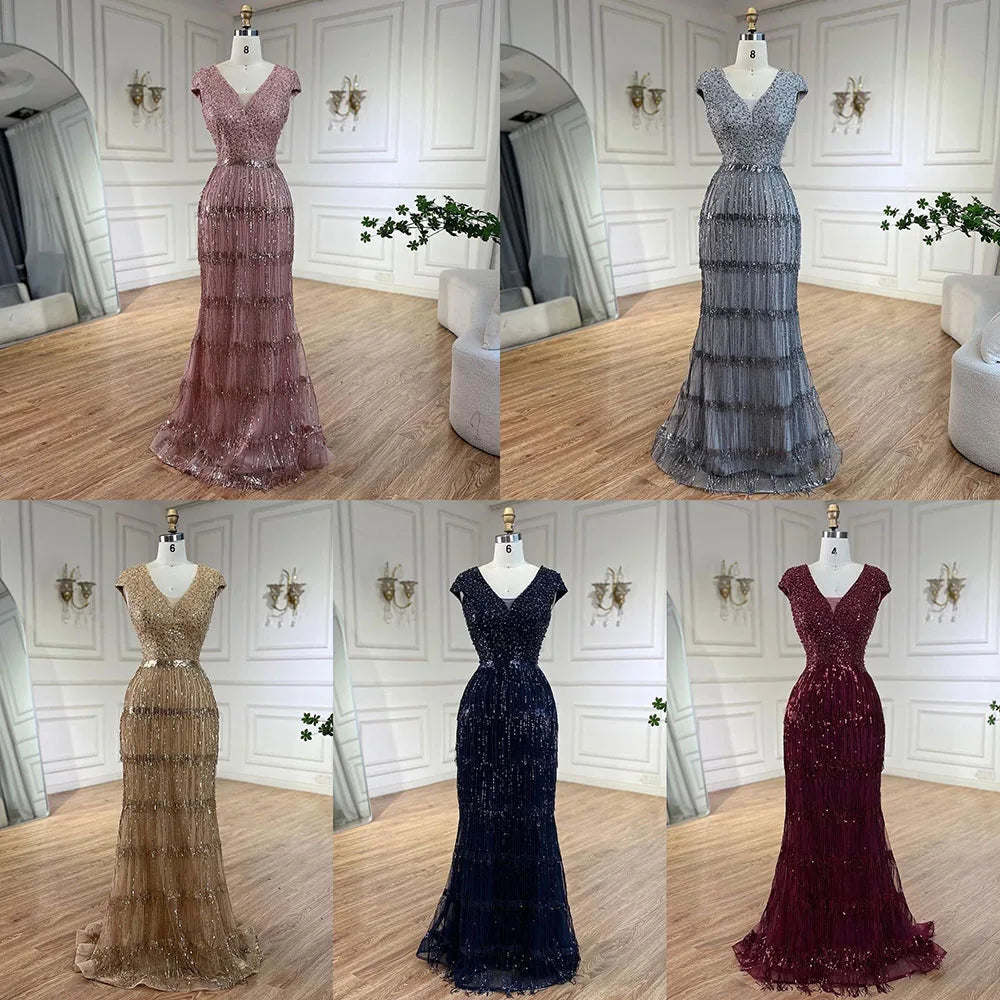 Serene Hill Luxury Dubai Arabic Mermaid Gold Elegant Tassel Beaded Evening Dresses Gowns for Women&