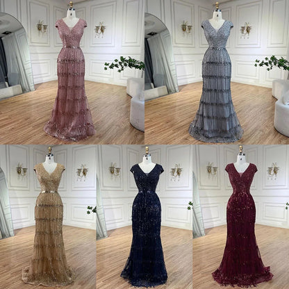 Serene Hill Luxury Dubai Arabic Mermaid Gold Elegant Tassel Beaded Evening Dresses Gowns for Women&