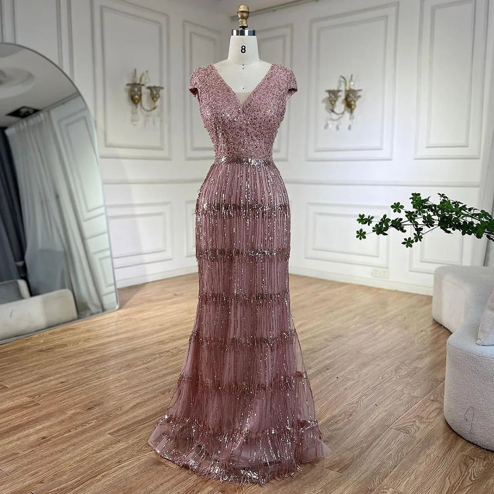 Serene Hill Luxury Dubai Arabic Mermaid Gold Elegant Tassel Beaded Evening Dresses Gowns for Women&