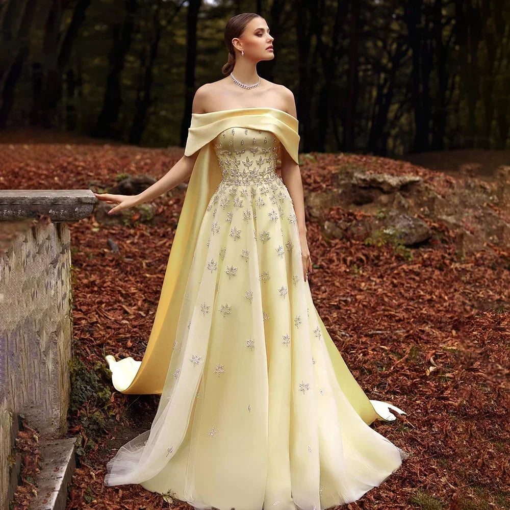 Serene Hill Luxury Dubai Arabic Yellow Elegant Boat Neck Long Evening Dress Beaded Party Gown for Women&