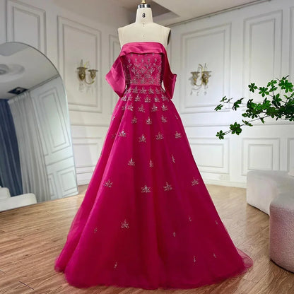 Serene Hill Luxury Dubai Arabic Yellow Elegant Boat Neck Long Evening Dress Beaded Party Gown for Women&